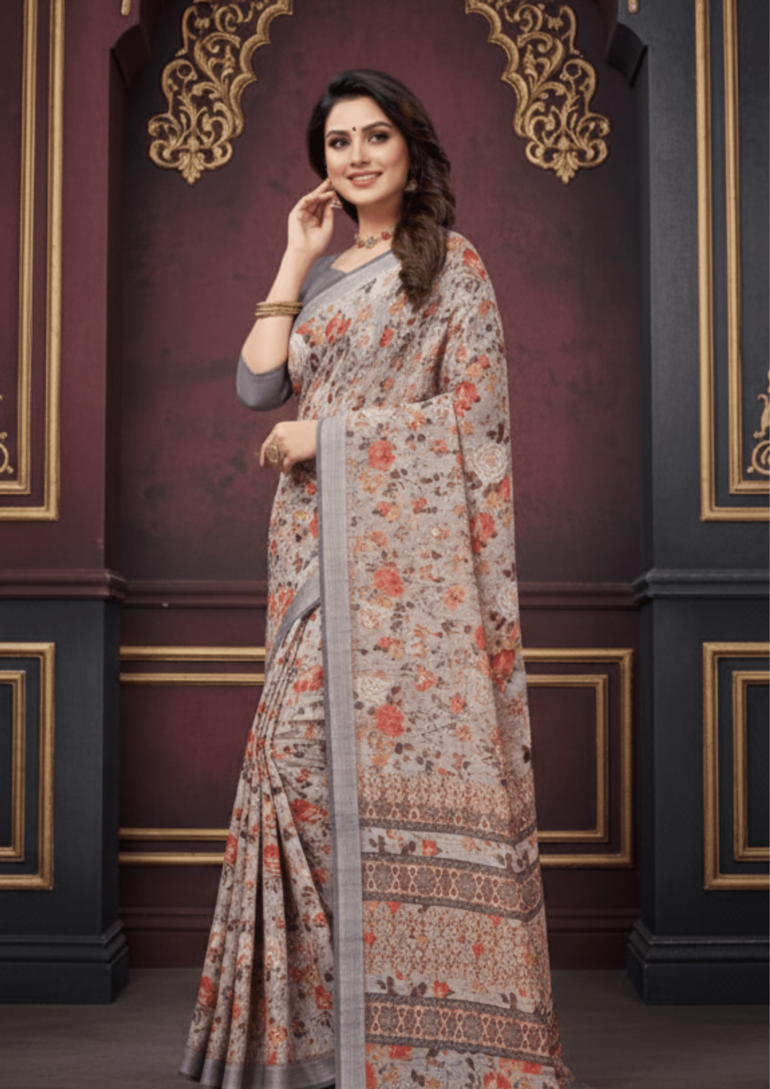 Light Pink Digital Printed Linen Silk Saree - Image 2