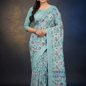 Teal Digital Printed Linen Silk Saree