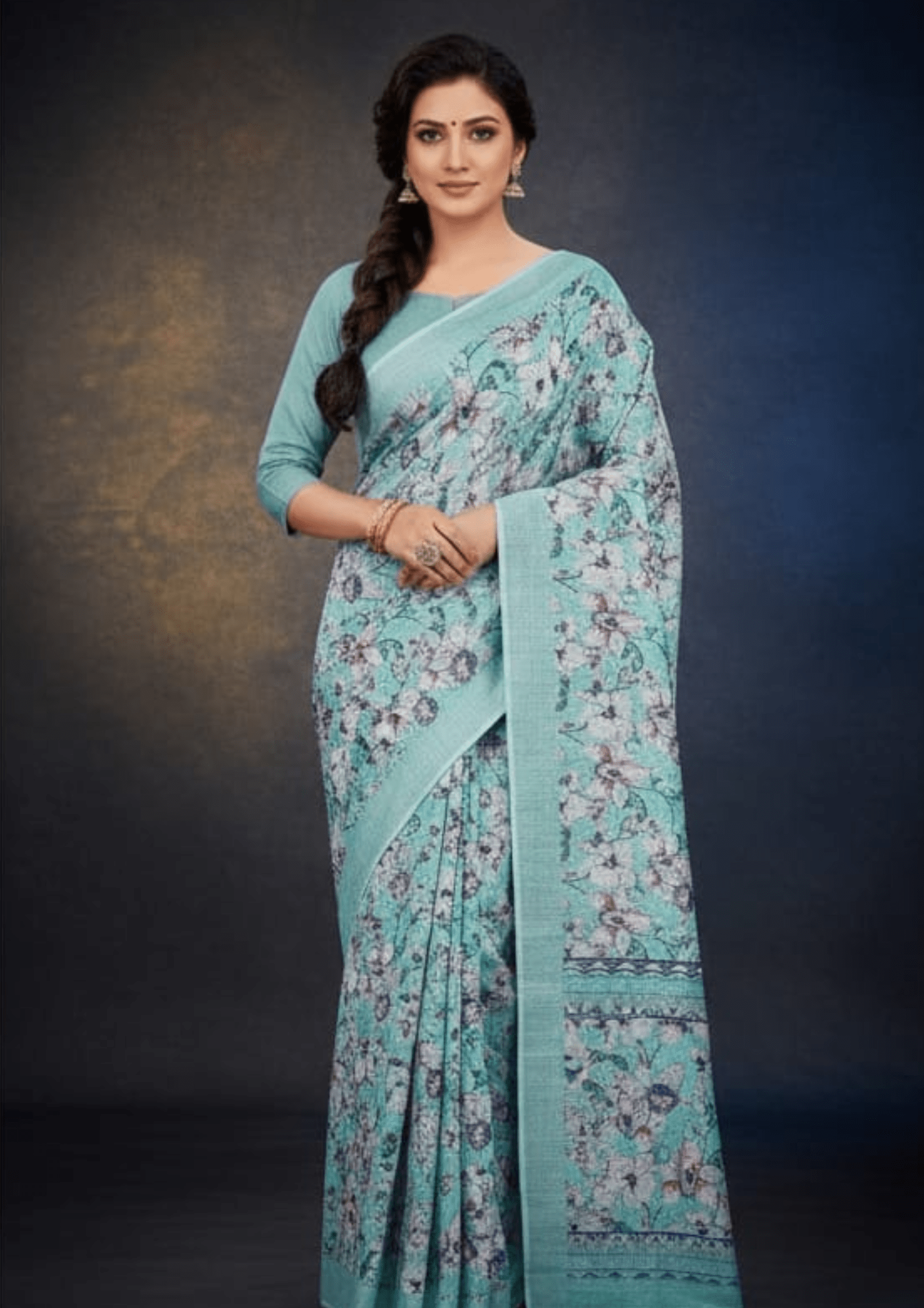 Teal Digital Printed Linen Silk Saree