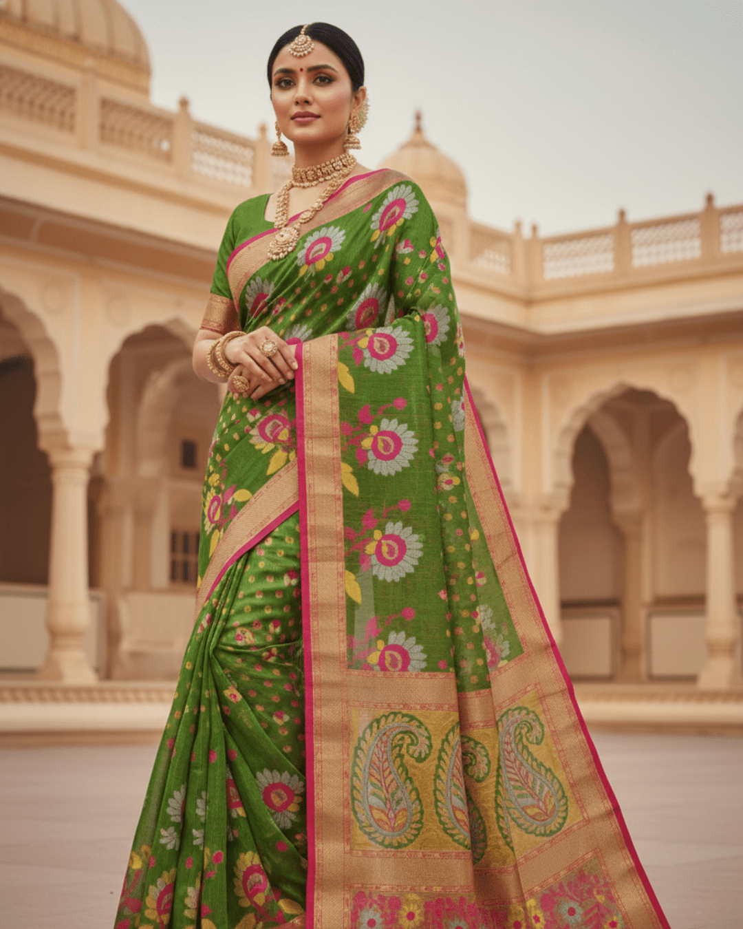 Green Jamdani Pom Pom Pure Cotton Saree – Traditional Handloom Saree
