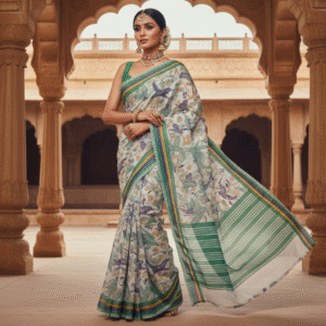 White & Green Mol Mol Pure Cotton Saree