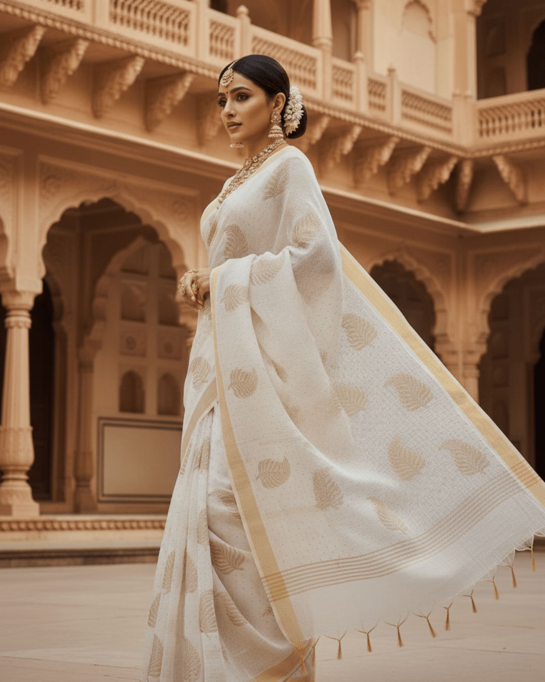 White Handloom Cotton Silk Saree - Image 3