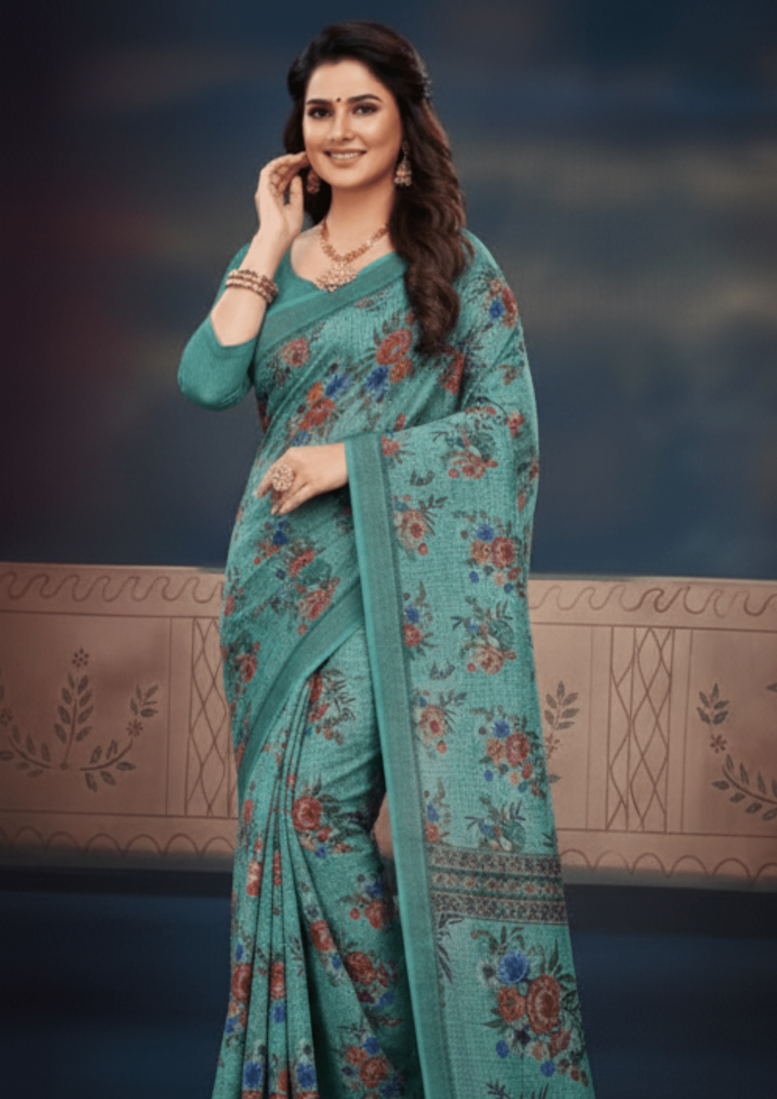 Green Digital Linen Silk Saree - Image 4