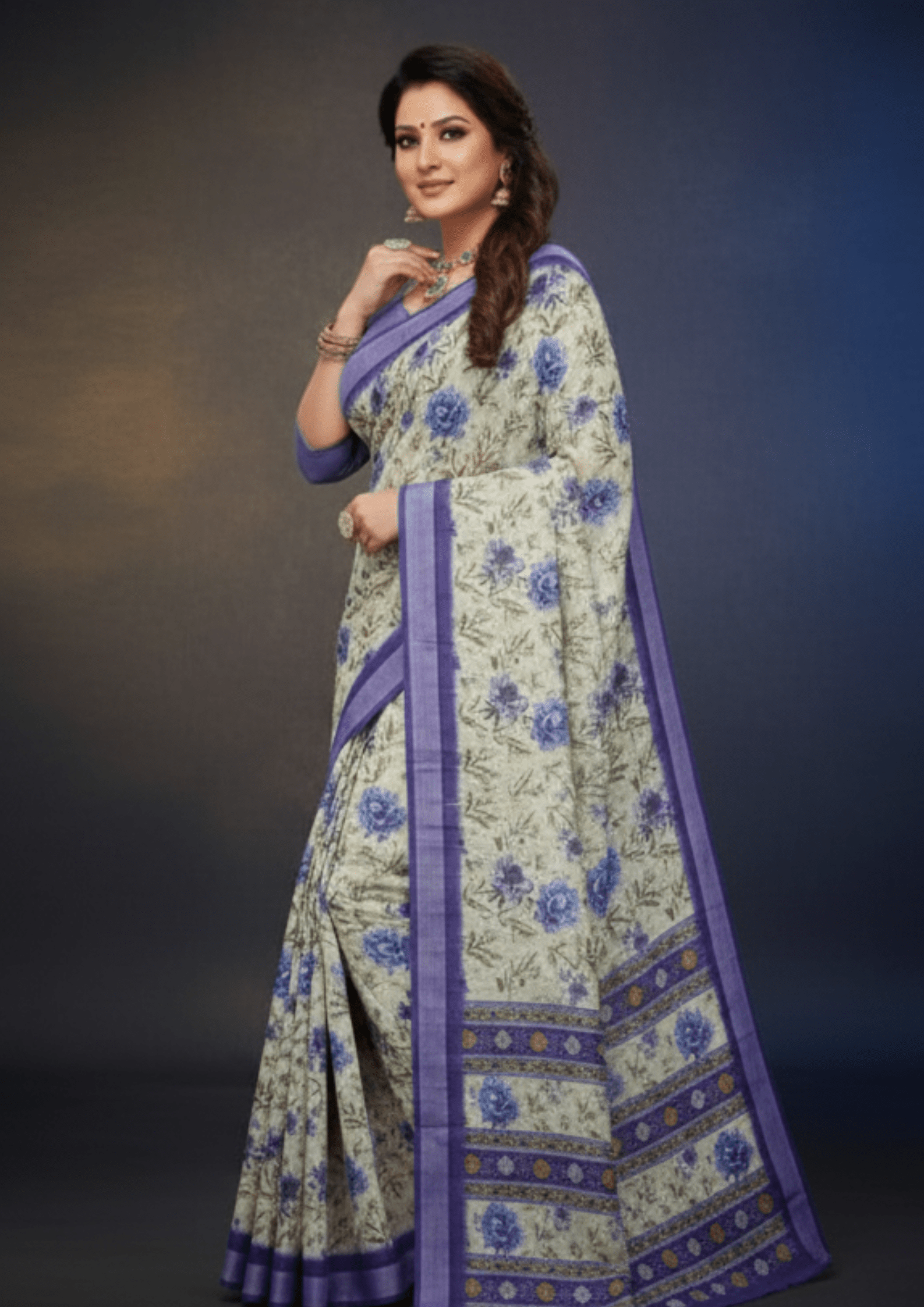 Greenish Blue Digital Linen Silk Saree - Image 4